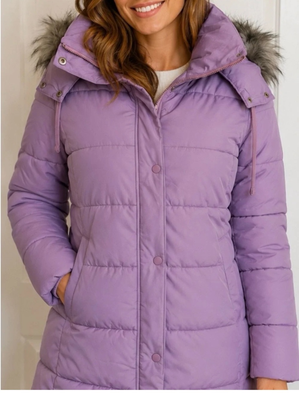 Talbots Lavender Quilted Puffer Coat with Faux Fur Trimmed Hood